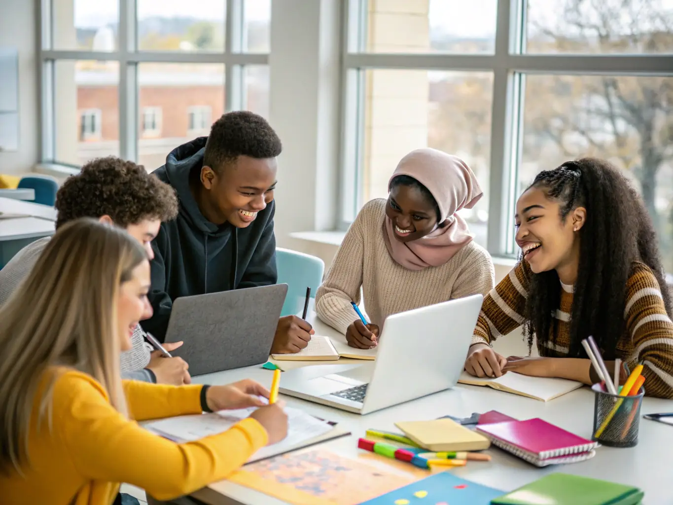 An image of students collaborating around a table with educational materials and cooperative project plans, symbolizing the support provided by OFFIC CENTR COOPER ECOLE LOIRE for establishing school cooperatives.