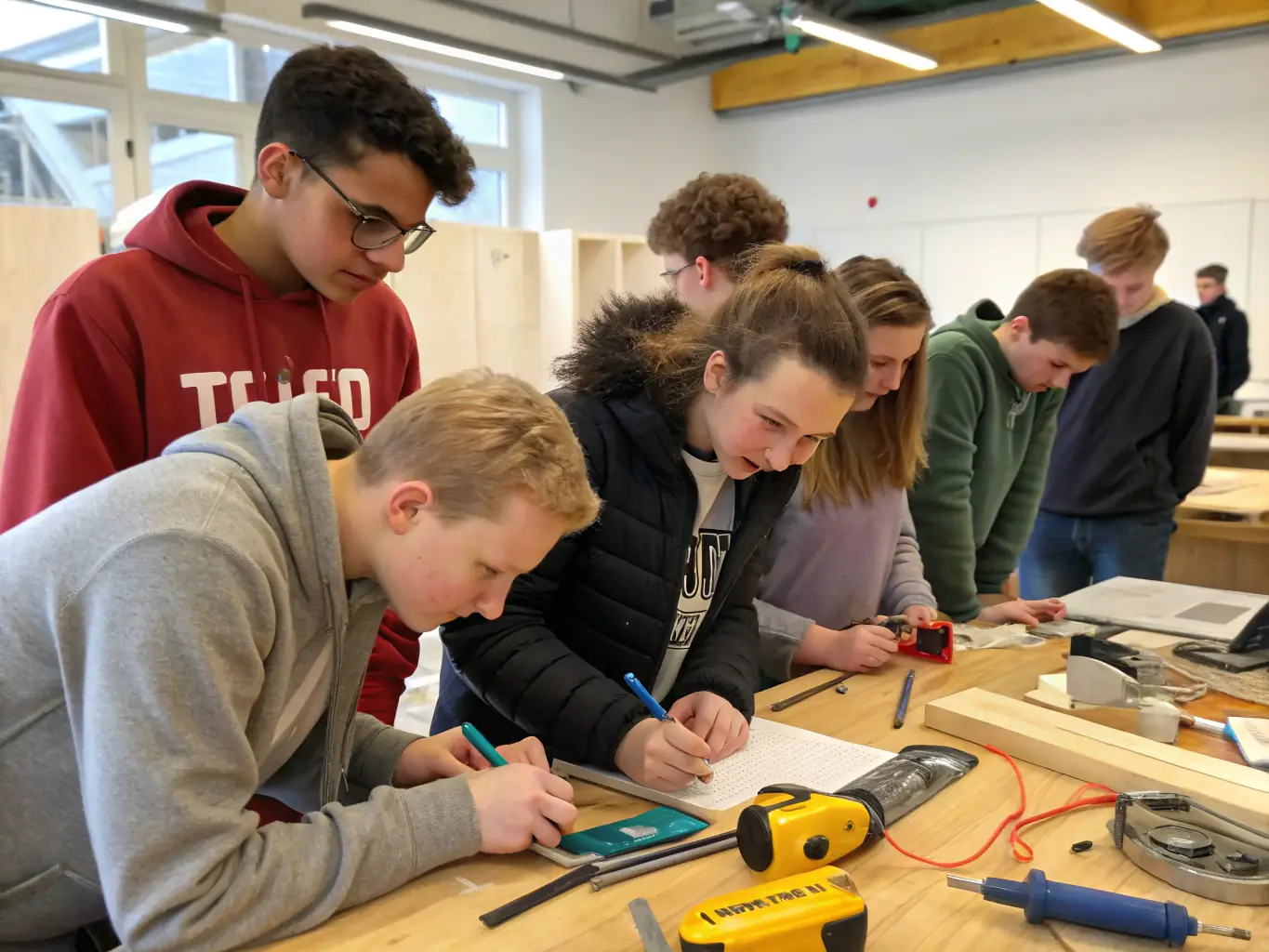 A photo of adolescents participating in a vocational training session, learning practical skills and working together on a project.