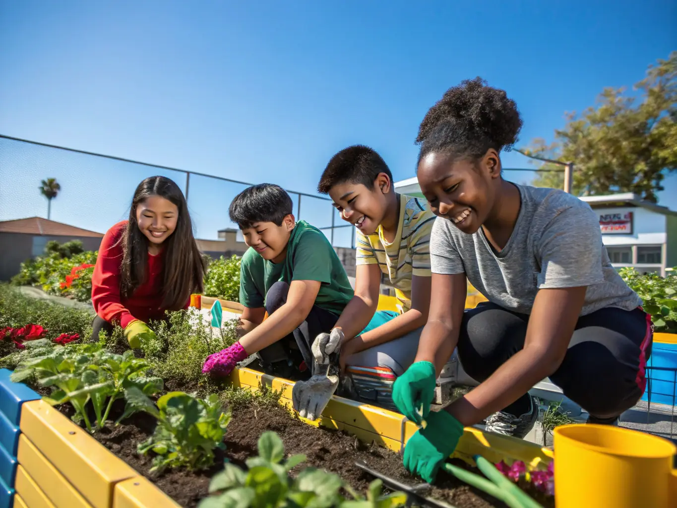 A vibrant image showcasing students actively participating in a school garden project, highlighting the hands-on learning and cooperative spirit fostered by OFFIC CENTR COOPER ECOLE LOIRE.