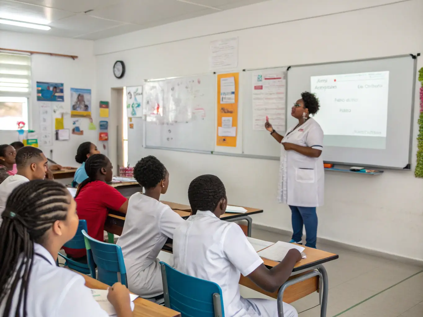 A photo of a health professional conducting a workshop with attentive participants, taking notes and engaging in discussion.