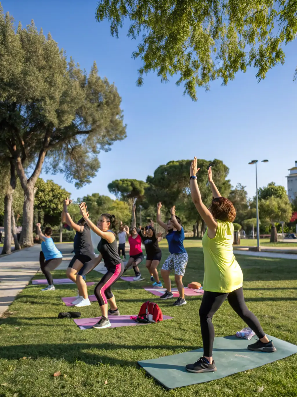 A vibrant photo of diverse participants engaging in a lively group fitness class outdoors, showcasing the energy and inclusivity of FITS N FORME's group fitness program.