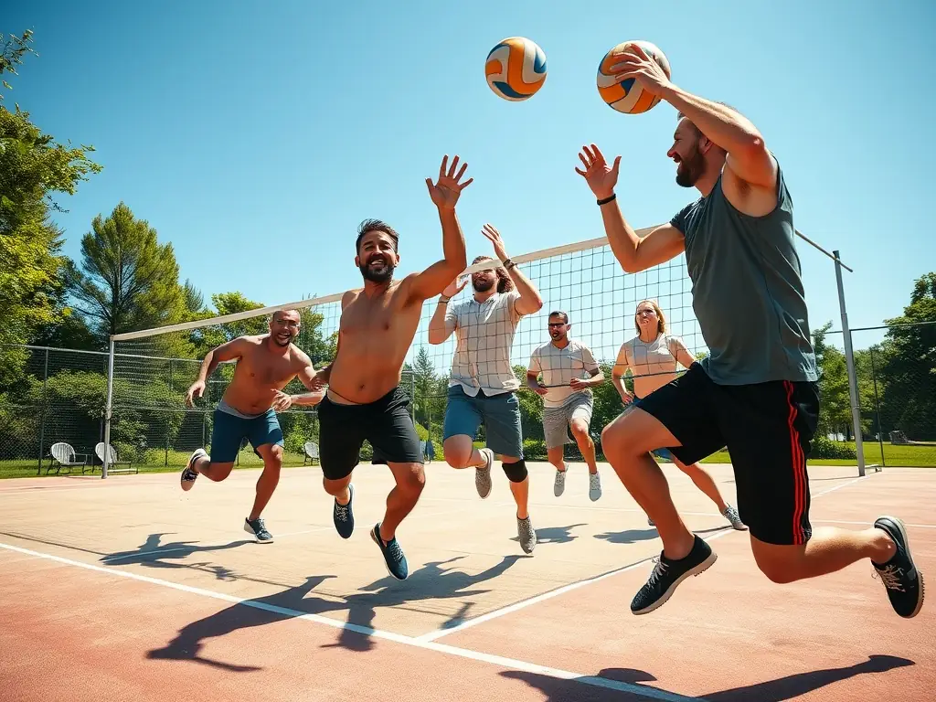 An image of children and adults playing volleyball on a sunny outdoor court, laughing and working together as a team.